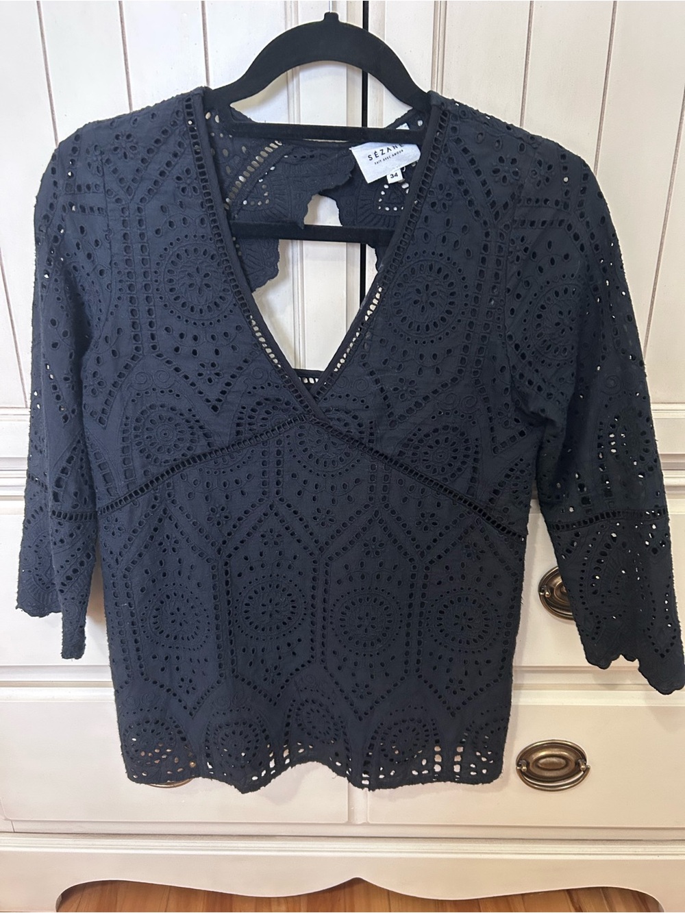 Sezane Black Eyelet V-Neck Blouse